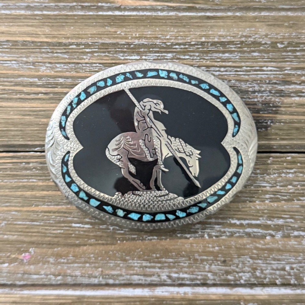 Vintage End of the Trail Belt Buckle Turquoise Inlay Western Cowboy Silver Tone